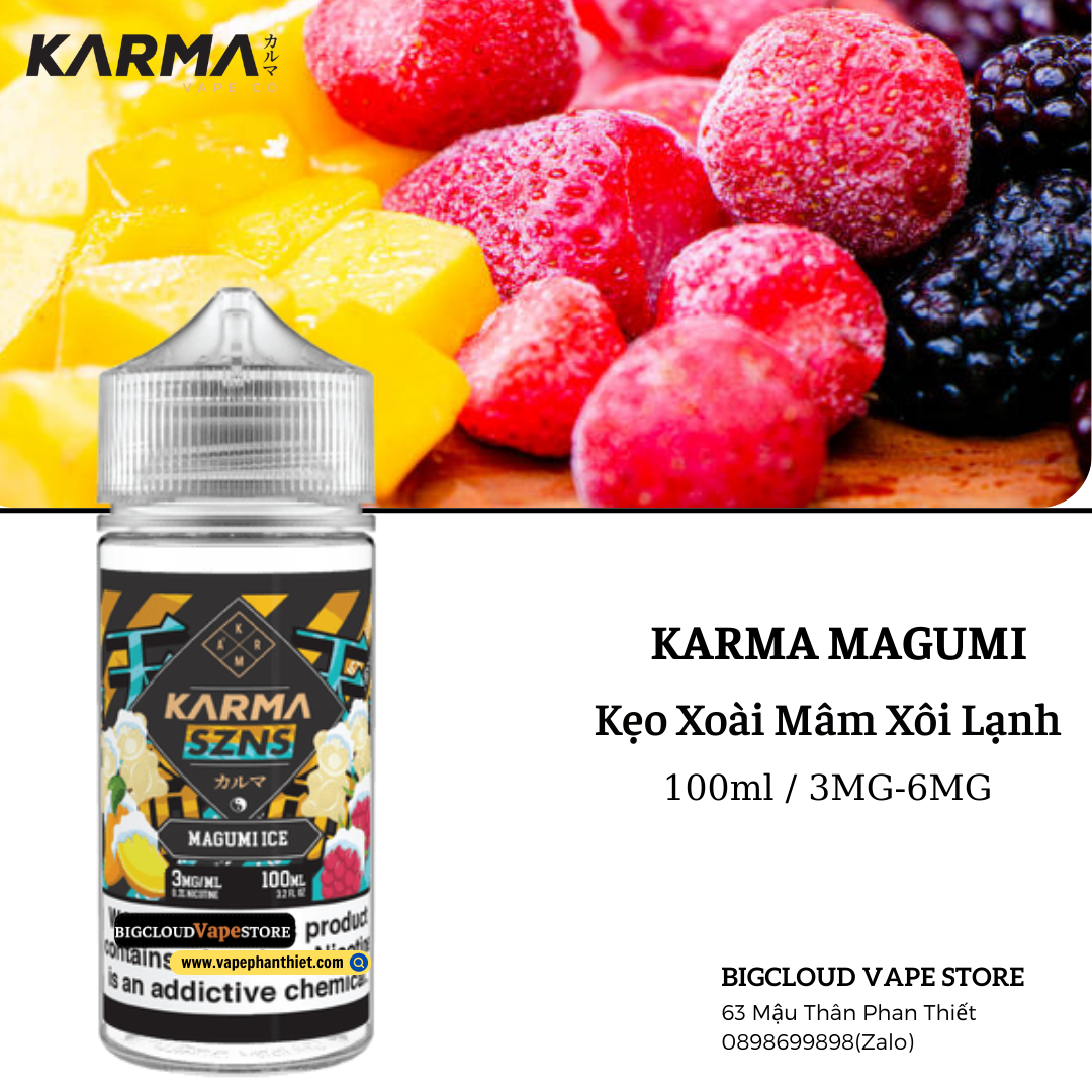 Karma Magumi 100ml 3MG - 6MG Kẹo dẻo Xoài Mâm Xôi Lạnh